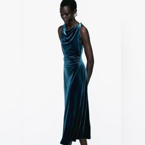 Zara Blue Velvet MIDI Dress Sz Large